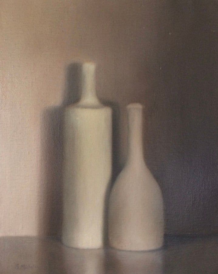 Bouteilles au fond beige, Huile sur toile, Sophie Michalon