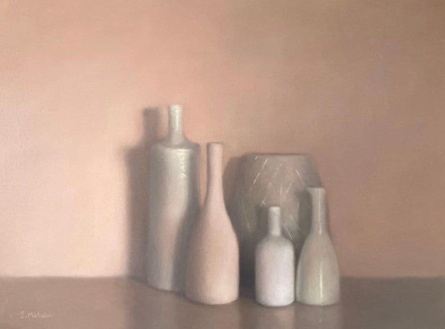 Bouteilles sur fond rose, Huile sur toile, Sophie Michalon