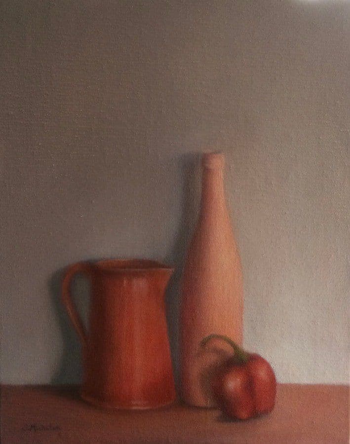 Broc, bouteille et poivron, Huile sur toile, Sophie Michalon