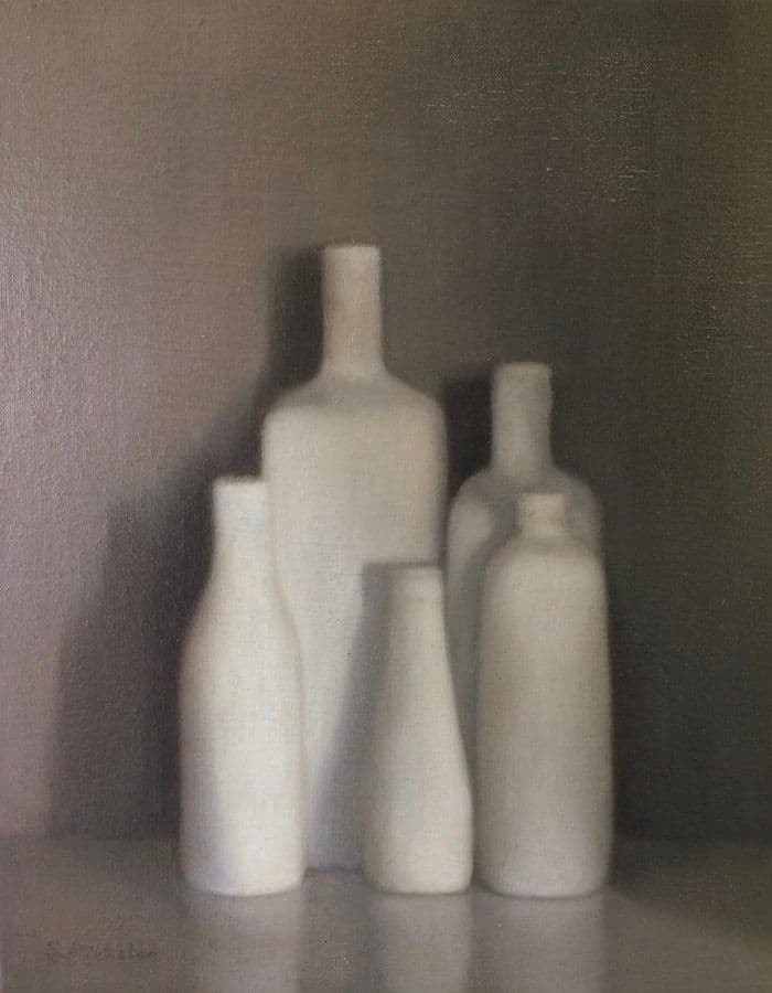 Cinq bouteilles, Huile sur toile, Sophie Michalon