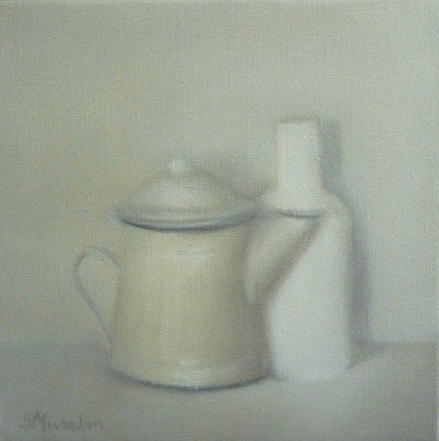 La cafetière et la bouteille, Huile sur toile, Sophie Michalon