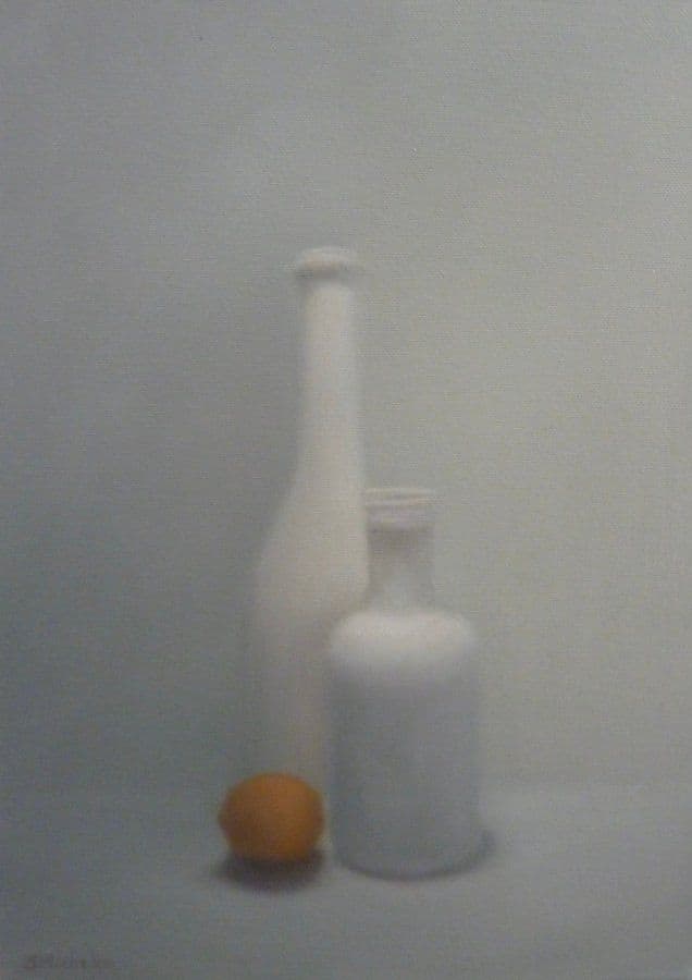 La clémentine et les bouteilles, Huile sur toile, Sophie Michalon