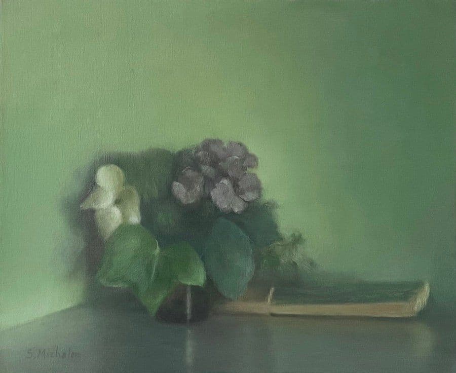 Les fleurs et l’éventail vert, Huile sur toile, Sophie Michalon