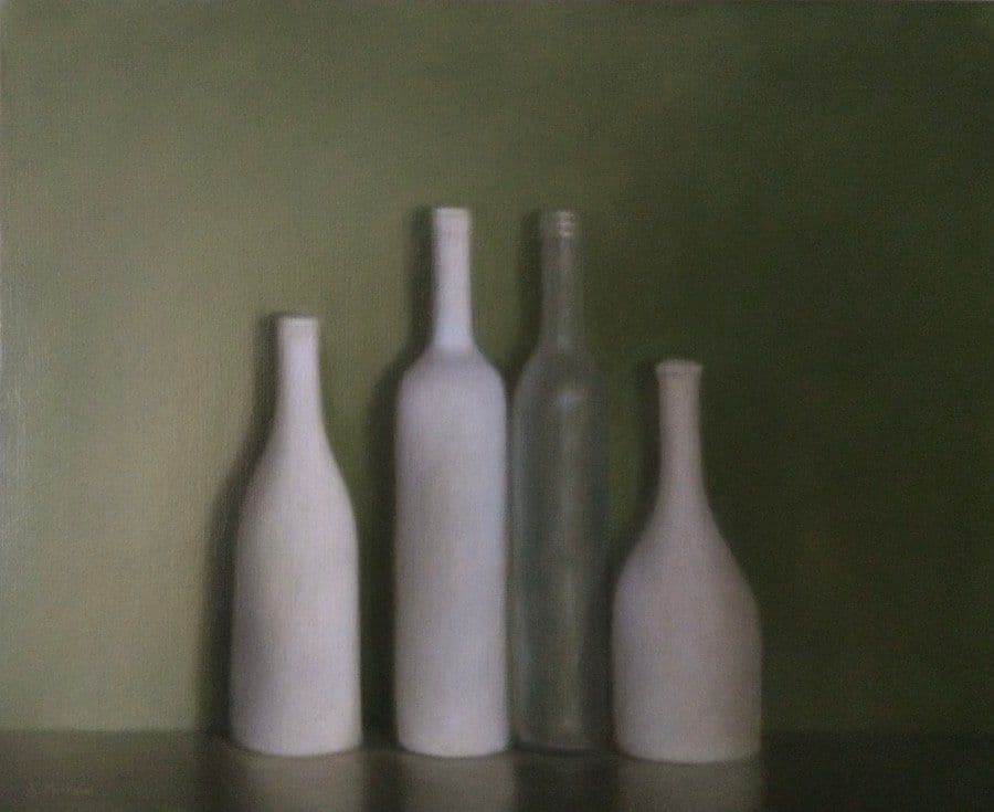 Quatre bouteilles – fond vert, Huile sur toile, Sophie Michalon