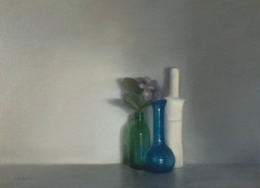 Vase bleu et violettes, Huile sur toile, Sophie Michalon