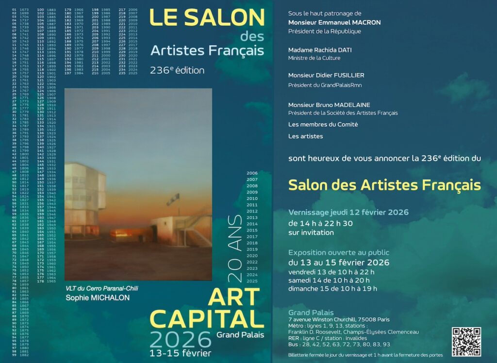 Flyer du salon Art Capital 2026, au Grand Palais à Paris. 4 salons emblématiques dont la Société des Artistes Français. Plus de 3000 artistes dont l'artiste peintre Sophie Michalon.